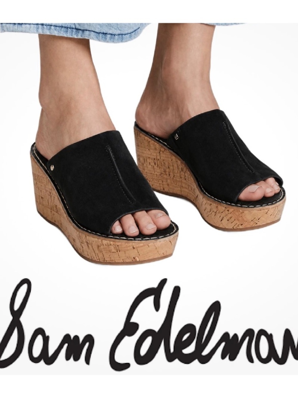 Sam Edelman Black Suede Cork Wedge Slide Sandals